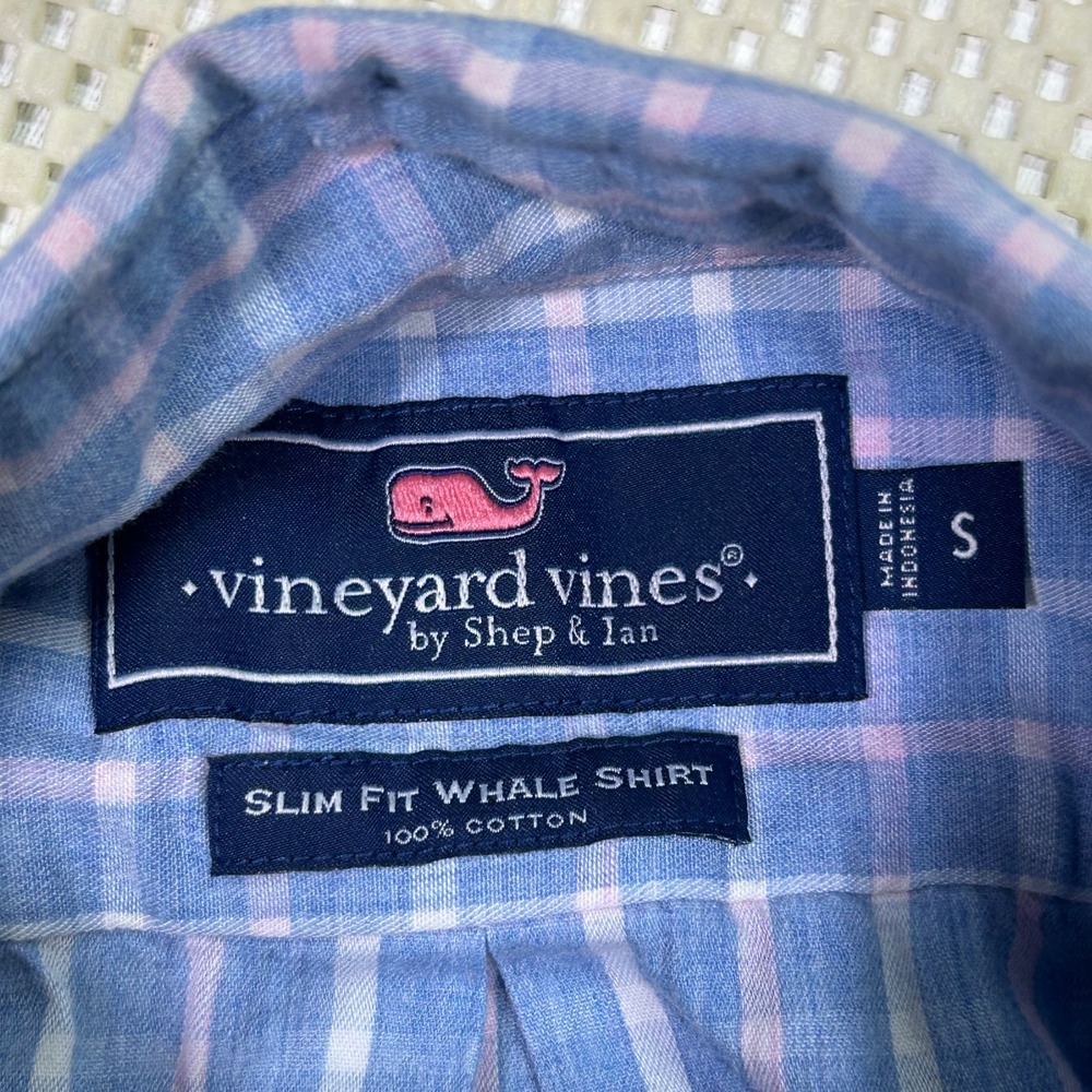 Vineyard Vines Slim Fit Whale Shirt Plaid Button Down Cotton Blue Mens Small - Picture 7 of 9